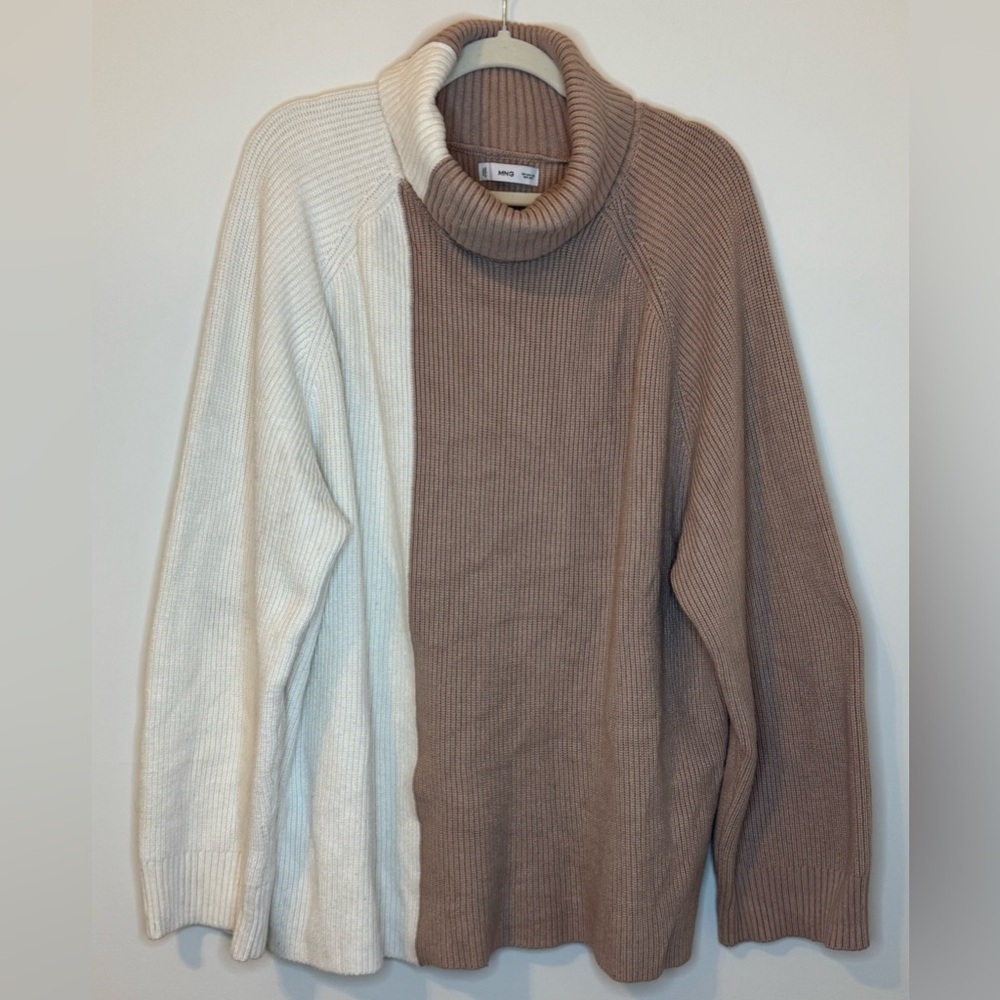 Mango Women’s Telma Tan Cream Two-Tone Turtleneck Ribbed Sweater Size 1X